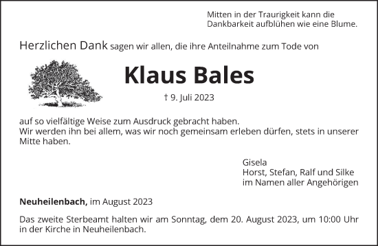 Traueranzeige von Klaus Bales von trierischer_volksfreund