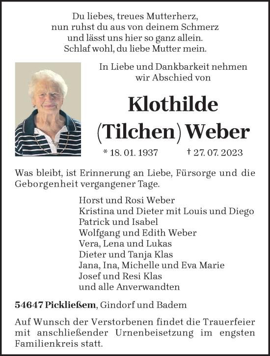 Traueranzeige von Klothilde Weber von trierischer_volksfreund