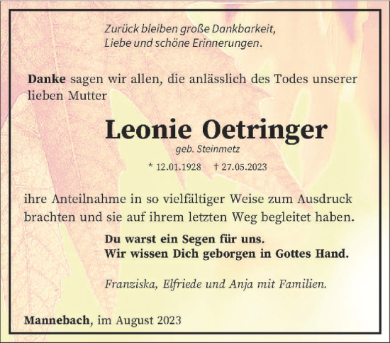 Traueranzeige von Leonie Oetringer von trierischer_volksfreund