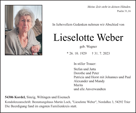 Traueranzeige von Lieselotte Weber von trierischer_volksfreund