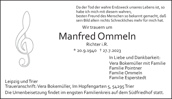Traueranzeige von Manfred Ommeln von trierischer_volksfreund