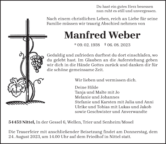 Traueranzeige von Manfred Weber von trierischer_volksfreund