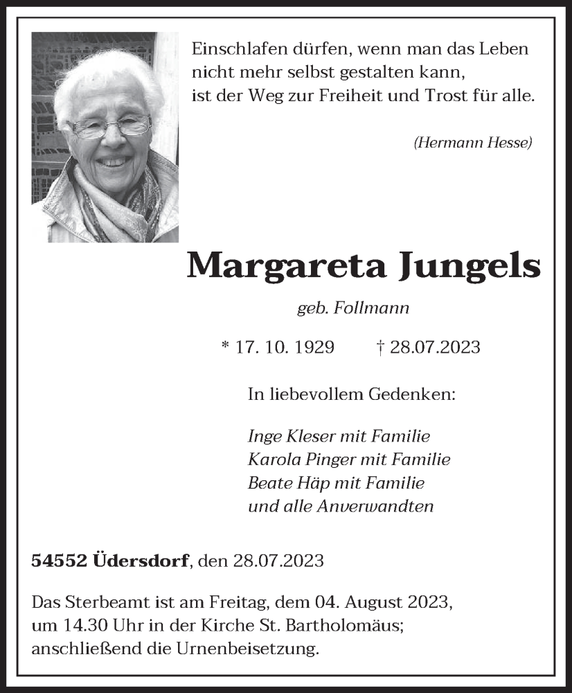 Traueranzeige für Margareta Jungels vom 02.08.2023 aus trierischer_volksfreund