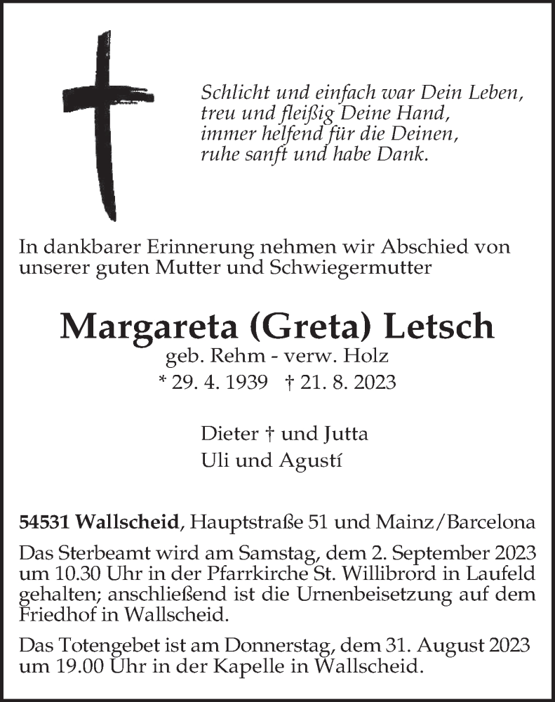  Traueranzeige für Margareta Letsch vom 26.08.2023 aus trierischer_volksfreund