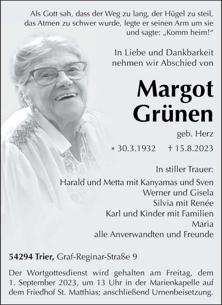  Traueranzeige für Margot Grünen vom 26.08.2023 aus trierischer_volksfreund