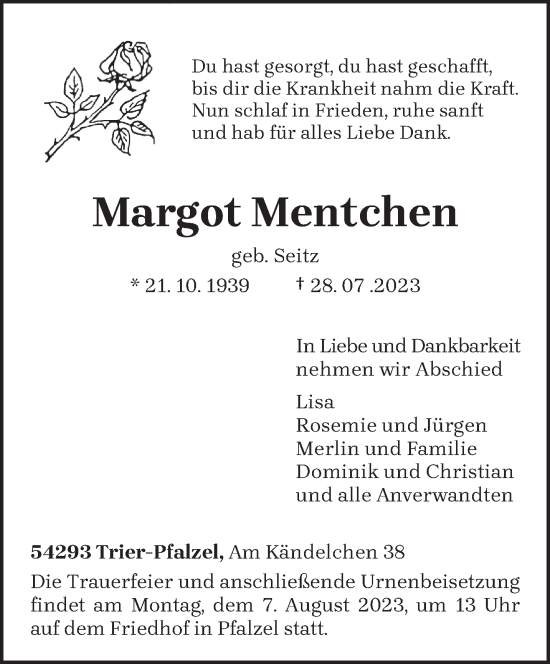 Traueranzeige von Margot Mentchen von trierischer_volksfreund