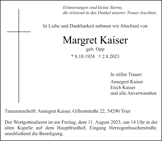 Traueranzeige von Margret Kaiser von trierischer_volksfreund