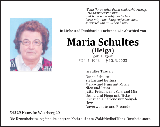 Traueranzeige von Maria Schultes von trierischer_volksfreund