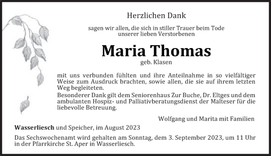 Traueranzeige von Maria Thomas von trierischer_volksfreund