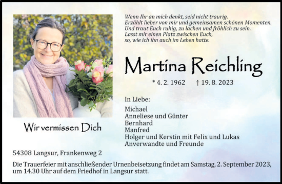 Traueranzeige von Martina Reichling von trierischer_volksfreund