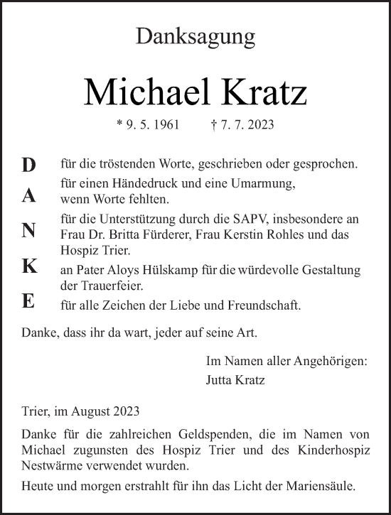 Traueranzeige von Michael Kratz von trierischer_volksfreund