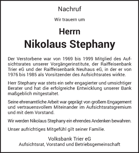 Traueranzeige von Nikolaus Stephany von trierischer_volksfreund