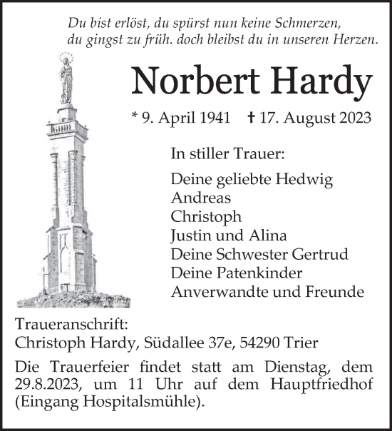 Traueranzeige von Norbert Hardy von trierischer_volksfreund