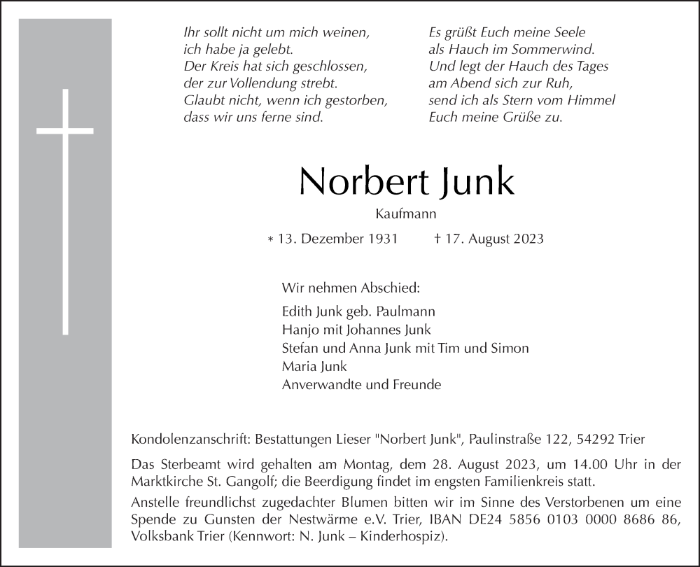  Traueranzeige für Norbert Junk vom 23.08.2023 aus trierischer_volksfreund