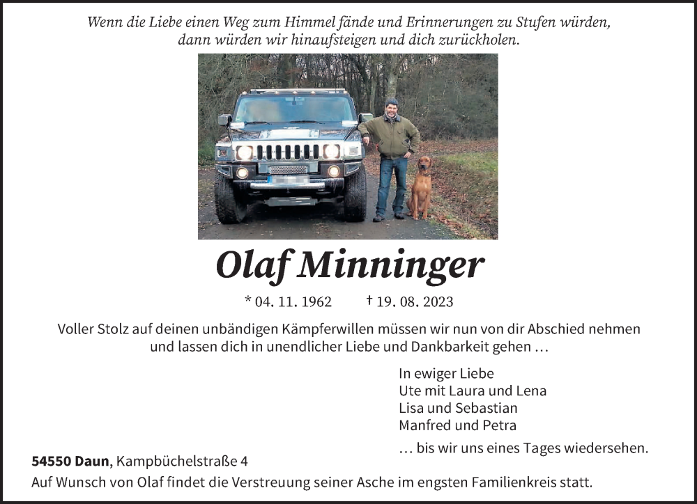  Traueranzeige für Olaf Minninger vom 26.08.2023 aus trierischer_volksfreund