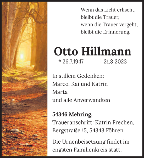 Traueranzeige von Otto Hillmann von trierischer_volksfreund