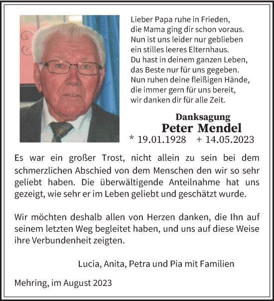 Traueranzeige von Peter Mendel von trierischer_volksfreund