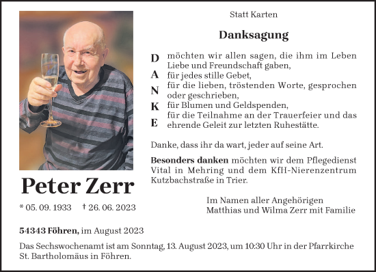 Traueranzeige von Peter Zerr von trierischer_volksfreund