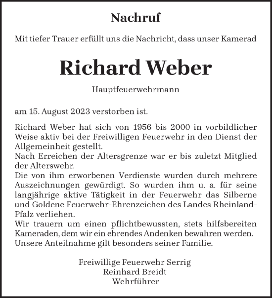 Traueranzeige von Richard Weber von trierischer_volksfreund