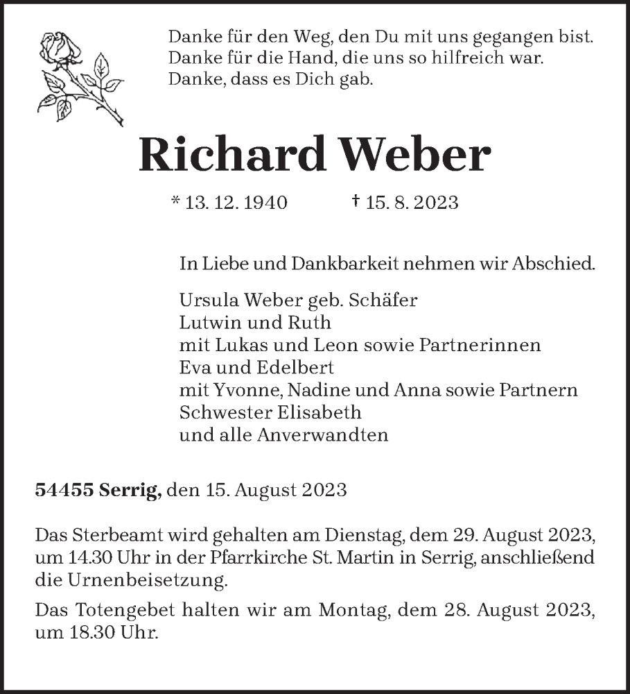  Traueranzeige für Richard Weber vom 23.08.2023 aus trierischer_volksfreund