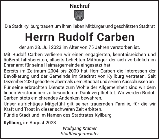Traueranzeige von Rudolf Carben von trierischer_volksfreund