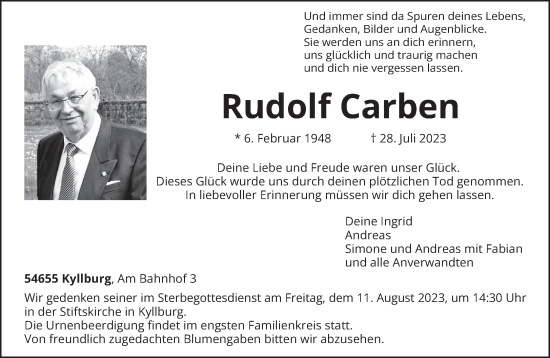 Traueranzeige von Rudolf Carben von trierischer_volksfreund
