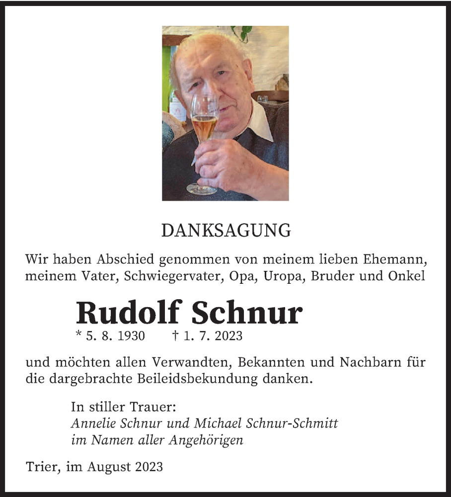  Traueranzeige für Rudolf Schnur vom 05.08.2023 aus trierischer_volksfreund