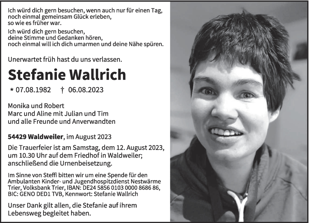  Traueranzeige für Stefanie Wallrich vom 09.08.2023 aus trierischer_volksfreund