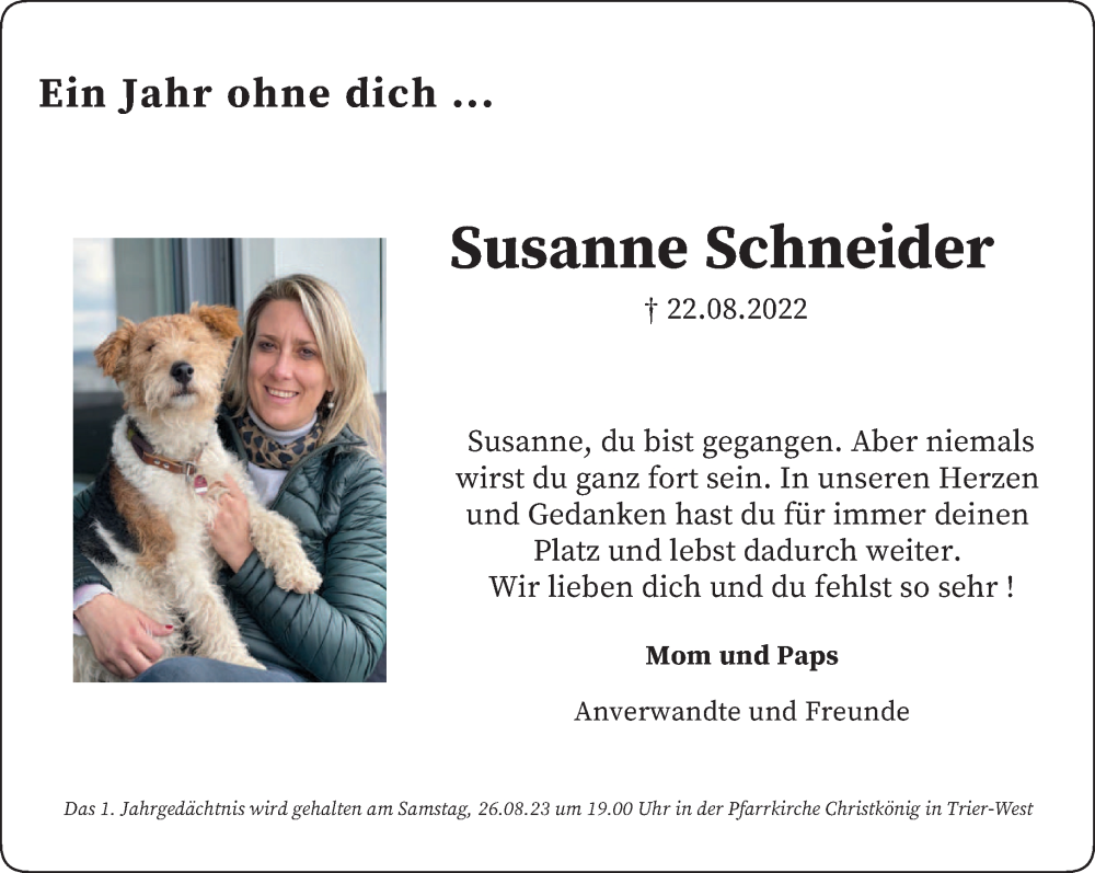  Traueranzeige für Susanne Schneider vom 19.08.2023 aus trierischer_volksfreund