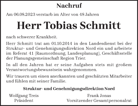 Traueranzeige von Tobias Schmitt von trierischer_volksfreund