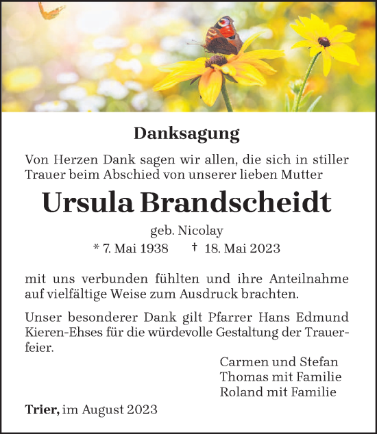 Traueranzeige von Ursula Brandscheidt von trierischer_volksfreund