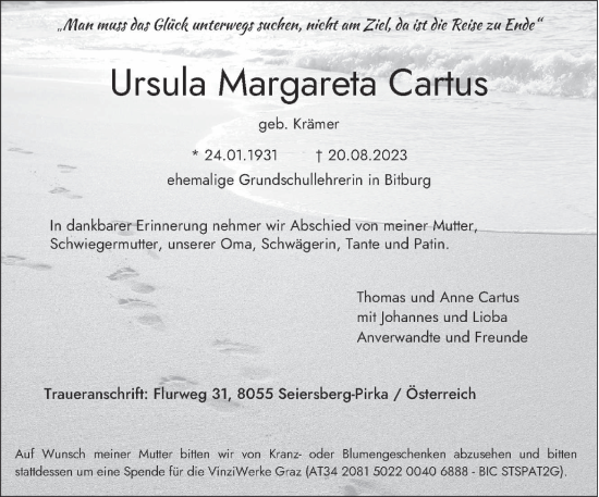 Traueranzeige von Ursula Margareta Cartus von trierischer_volksfreund