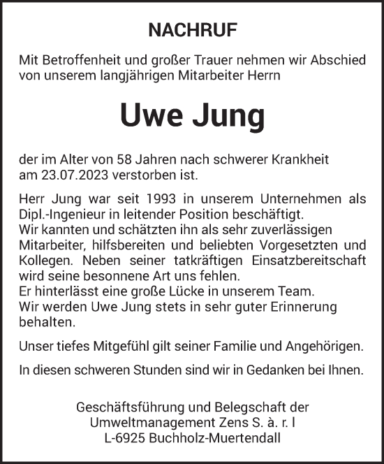 Traueranzeige von Uwe Jung von trierischer_volksfreund