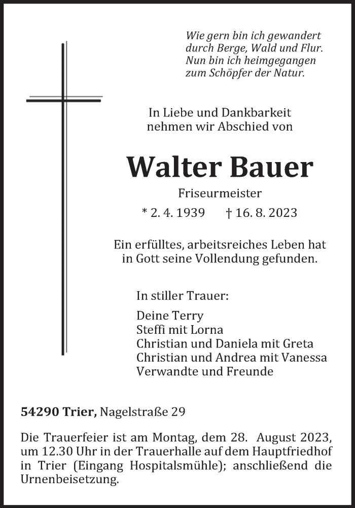  Traueranzeige für Walter Bauer vom 23.08.2023 aus trierischer_volksfreund
