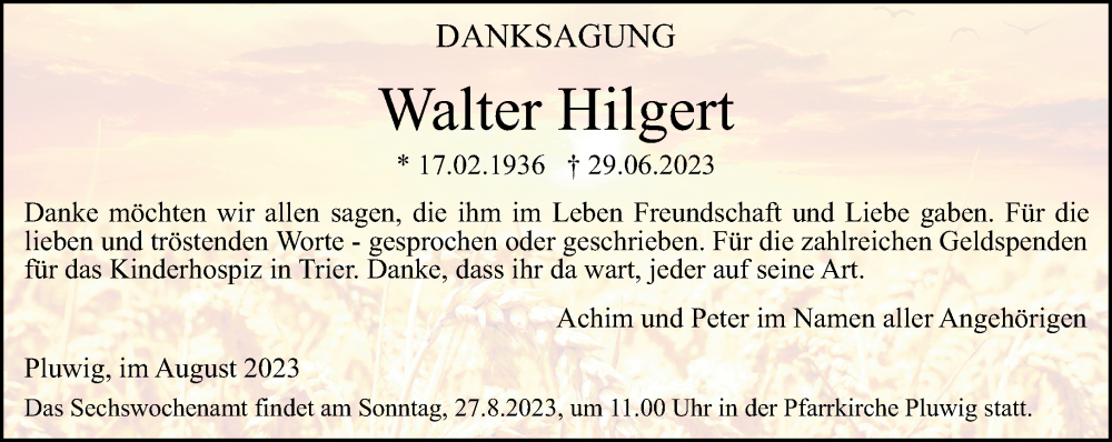  Traueranzeige für Walter Hilgert vom 12.08.2023 aus trierischer_volksfreund