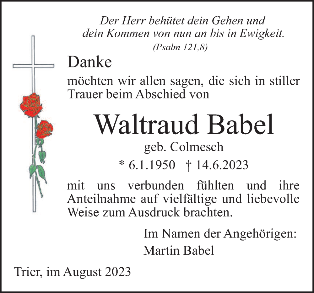  Traueranzeige für Waltraud Babel vom 05.08.2023 aus trierischer_volksfreund