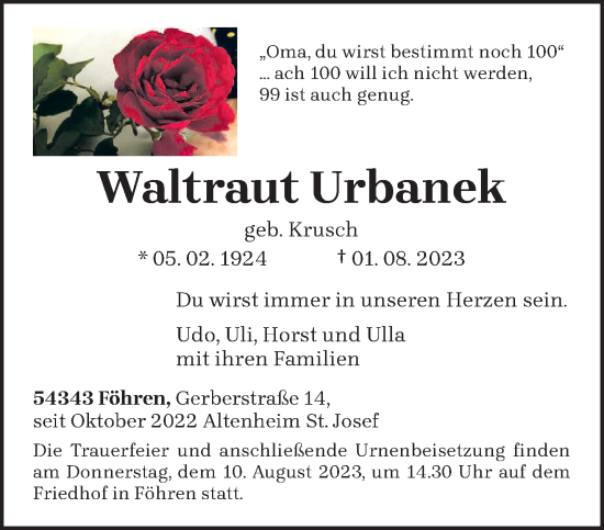 Traueranzeige von Waltraut Urbanek von trierischer_volksfreund