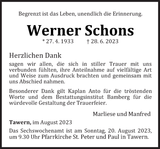 Traueranzeige von Werner Schons von trierischer_volksfreund