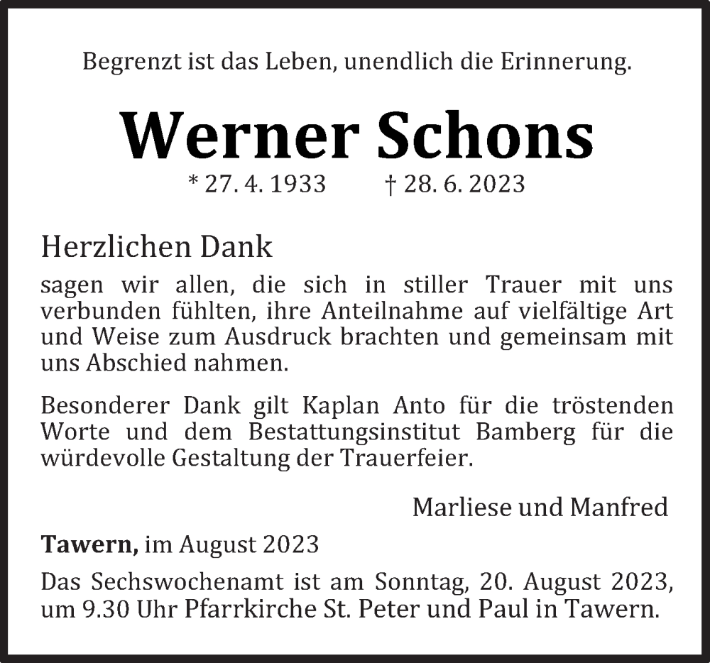  Traueranzeige für Werner Schons vom 19.08.2023 aus trierischer_volksfreund