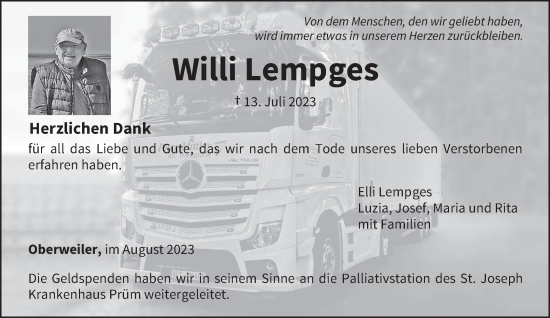 Traueranzeige von Willi Lempges von trierischer_volksfreund