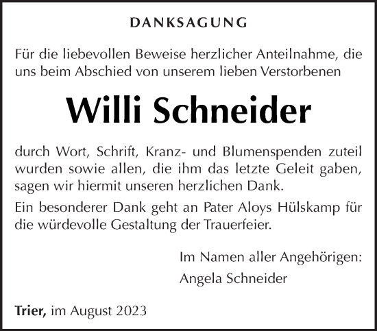 Traueranzeige von Willi Schneider von trierischer_volksfreund