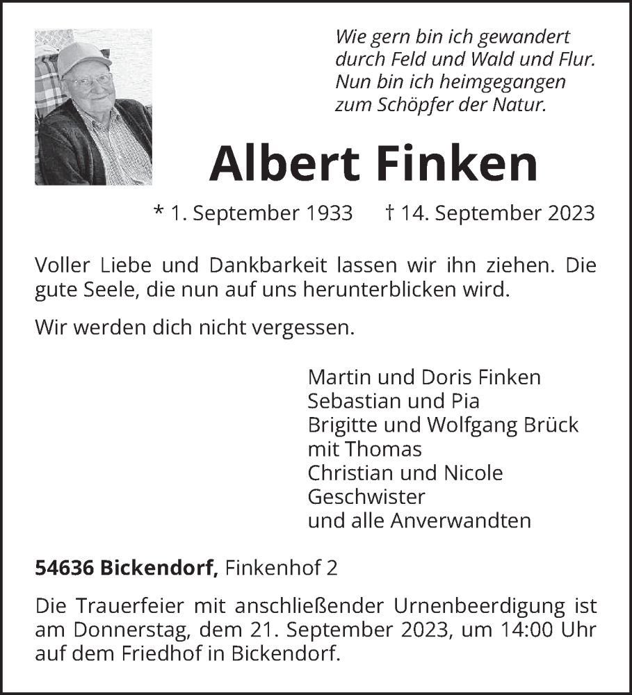  Traueranzeige für Albert Finken vom 16.09.2023 aus trierischer_volksfreund