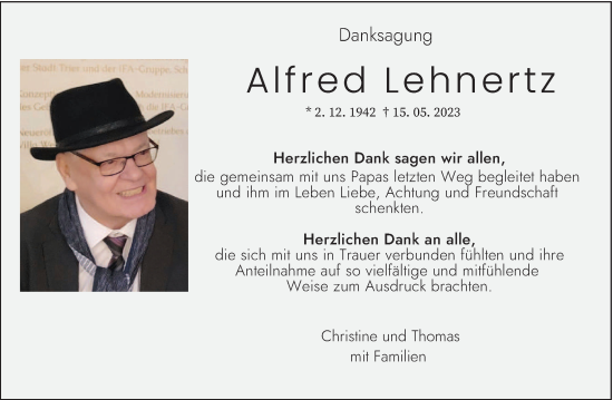 Traueranzeige von Alfred Lehnertz von trierischer_volksfreund