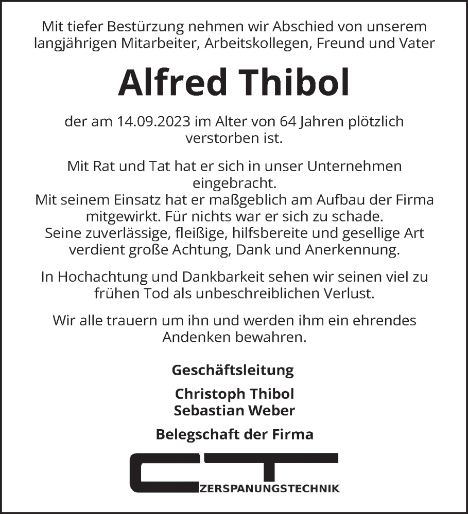  Traueranzeige für Alfred Thibol vom 23.09.2023 aus trierischer_volksfreund