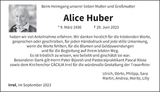Traueranzeige von Alice Huber von trierischer_volksfreund