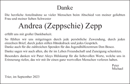 Traueranzeige von Andrea Zepp von trierischer_volksfreund