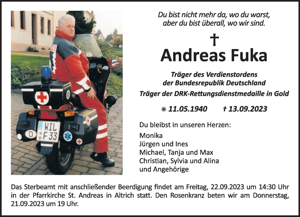  Traueranzeige für Andreas Fuka vom 20.09.2023 aus trierischer_volksfreund