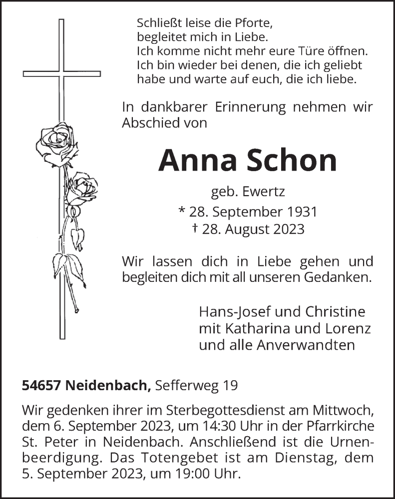  Traueranzeige für Anna Schon vom 02.09.2023 aus trierischer_volksfreund