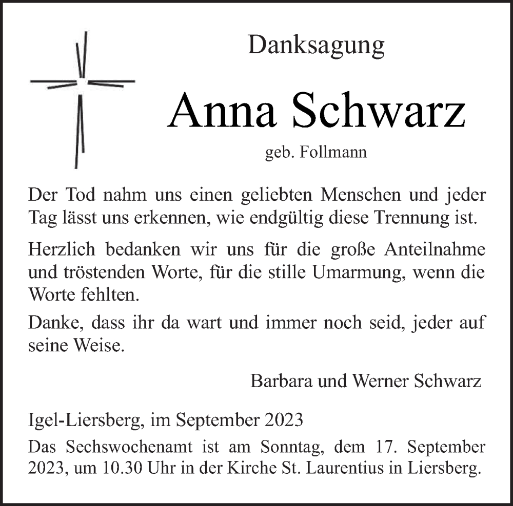  Traueranzeige für Anna Schwarz vom 09.09.2023 aus trierischer_volksfreund