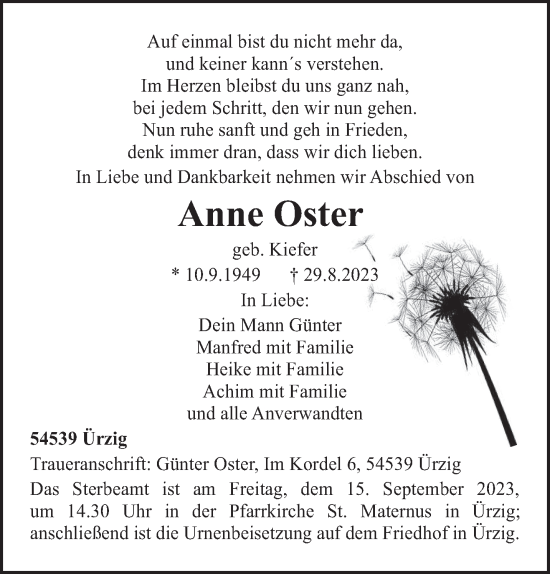 Traueranzeigen Von Anne Oster Volksfreundtrauerde 2974